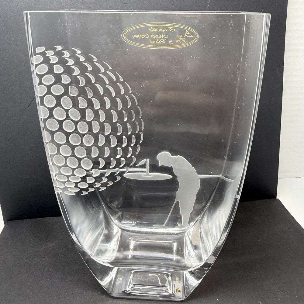 Clear Crystal Etched Golfer And Golf Ball Mouth Blown Vase Decor